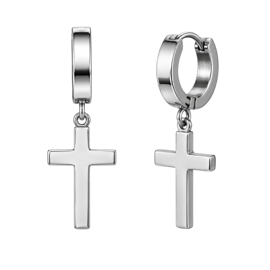 Polished Cross Drop Hoop Earrings – Silver | GRUNJOUB