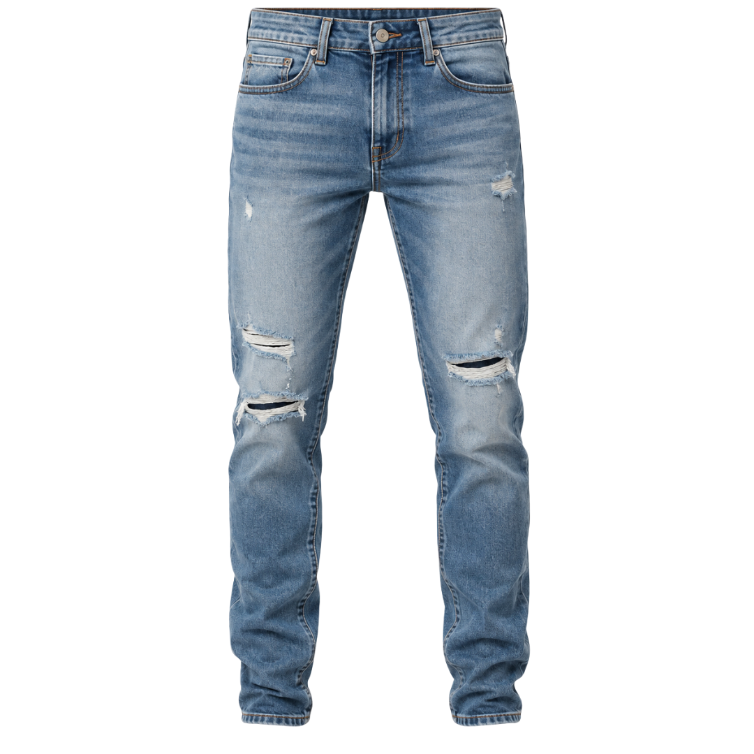 Modern Distressed Slim Fit Jeans – Mid Blue | GRUNJOUB